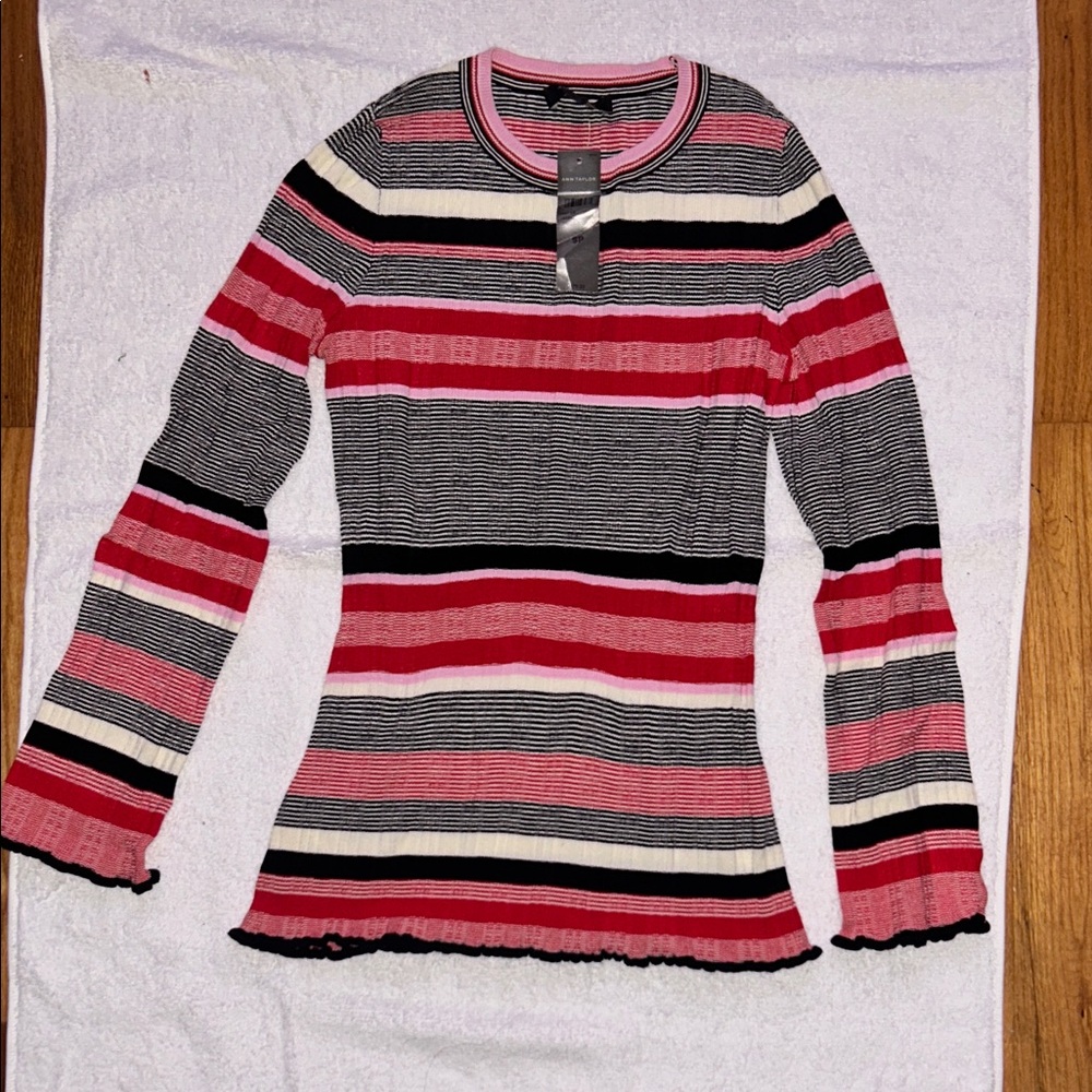 Ann Taylor Striped Long-Sleeve Crewneck Top in Red, Black & Cream